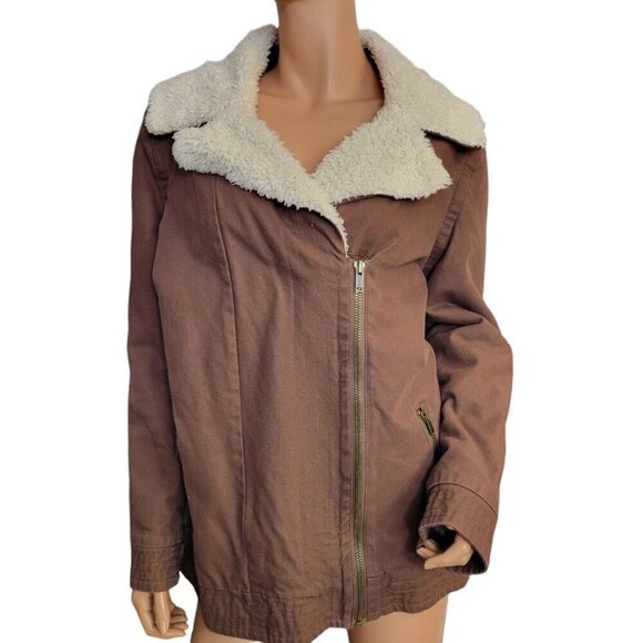 Quicksilver Jacket Womens Size Large Brown Sherpa Lined Faux Fur Moto QSW - Picture 1 of 12